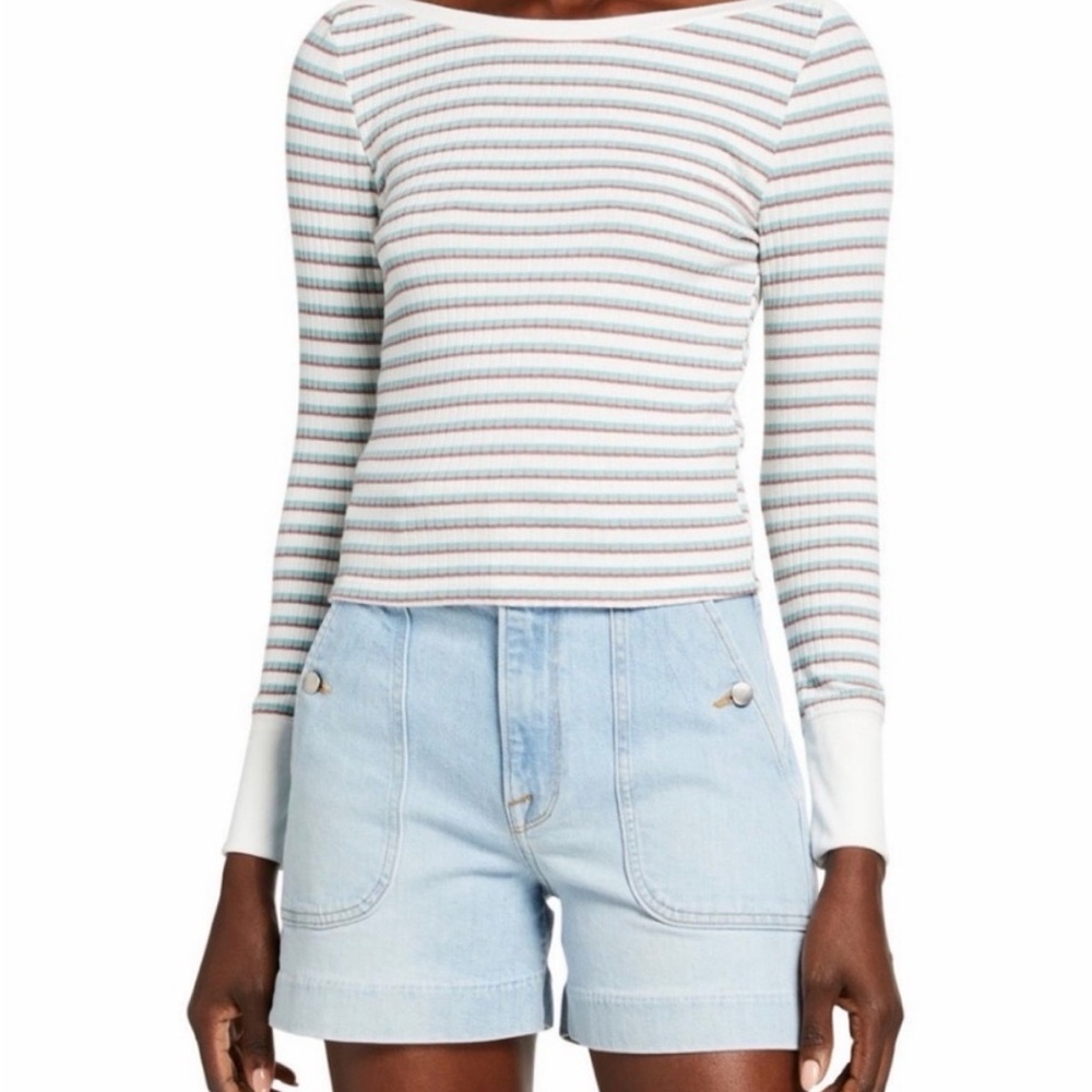 FRAME Long Sleeve Ribbed Variegated Stripe Tee Sage Multi